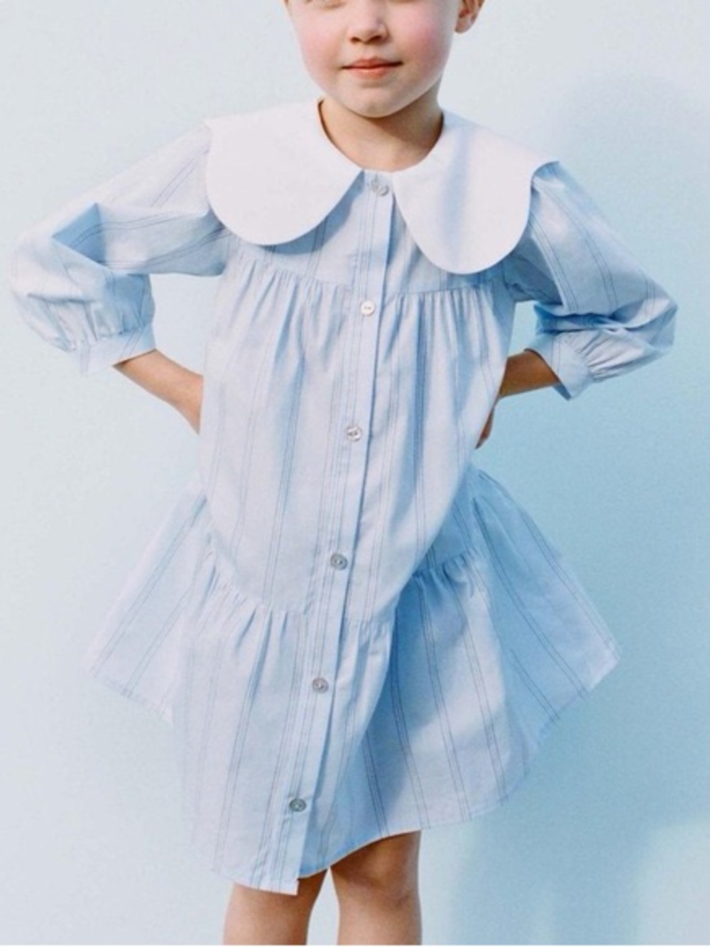 Zara Girls Blue Stripe Peter Pan Collar Dress 2-3Y Cotton Poplin